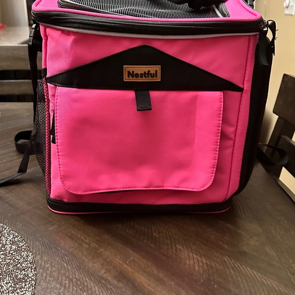 CUTE! Pink Nestful Dog Bike Basket Carrier expandable w/rest area & rain cover.